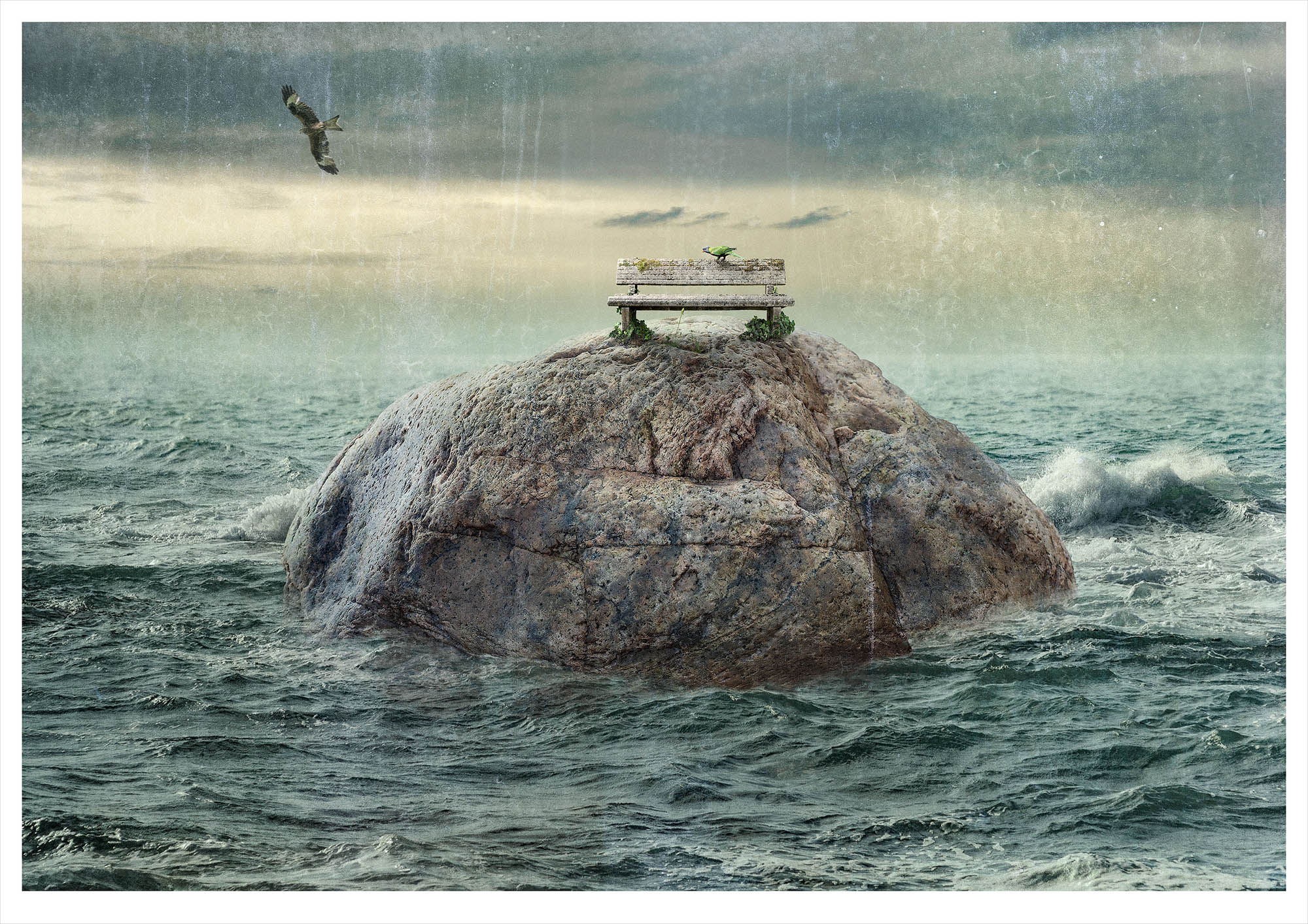 Solitary small fantasy island in ocean with stone bench on which a parrot sits warding off a predatory hawk